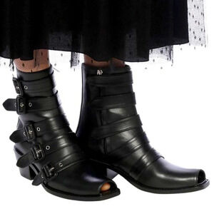 Burberry Albertina Moto Biker Peep Toe Buckle Boot Black Leather Size 36.5/6.5